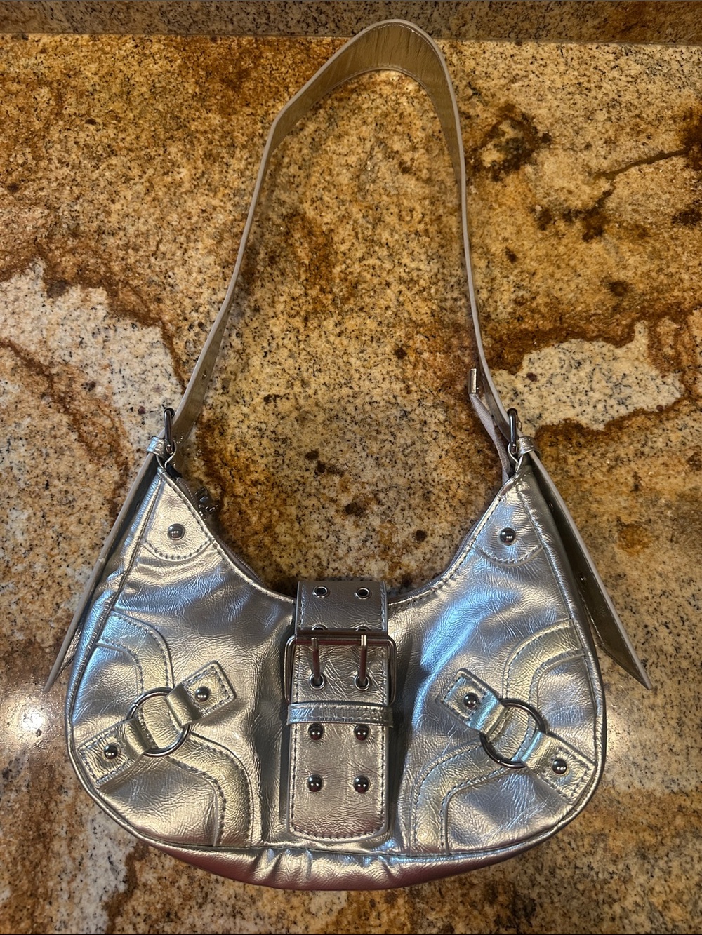 SHEIN Silver Metallic Buckle Shoulder Bag